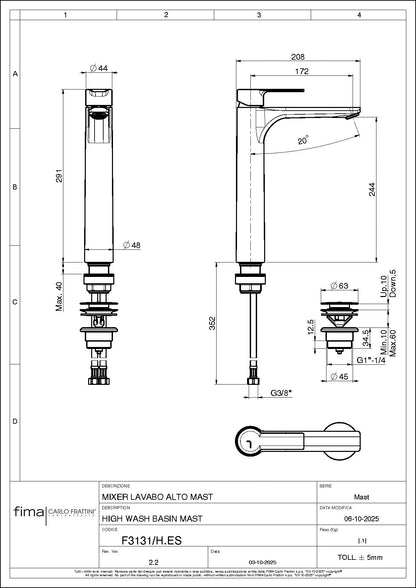 Basin Mixer Raised, Fima Mast Range, Polished Chrome Finish, DZR Brass